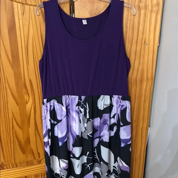 HAWAIIAN FLORAL SUNDRESS DRESS PLUS 2X PURPLE BLACK WHITE SCOOP-NECK STRETCH - Picture 3 of 11